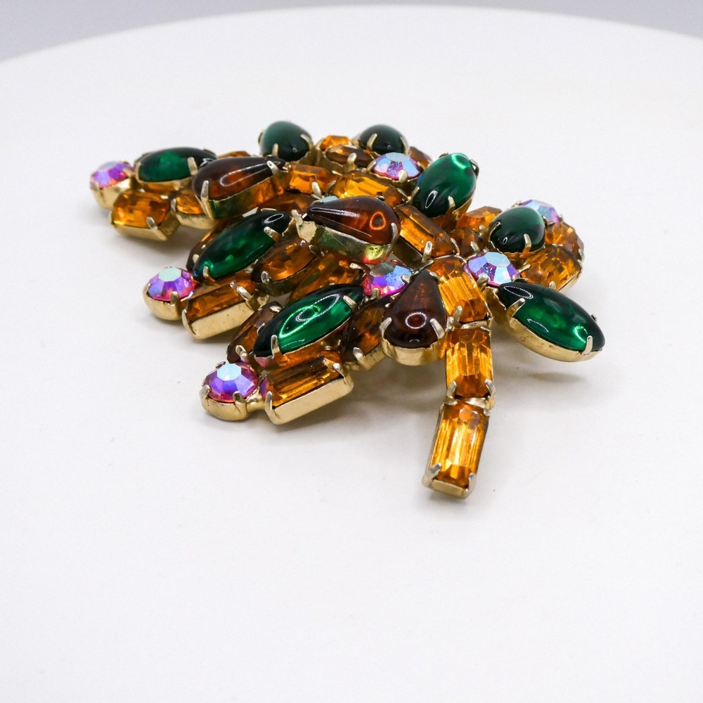 Vintage Rhinestone Leaf Extra Large 3.3" Gold & Green Statement Brooch Pin - Picture 4 of 12